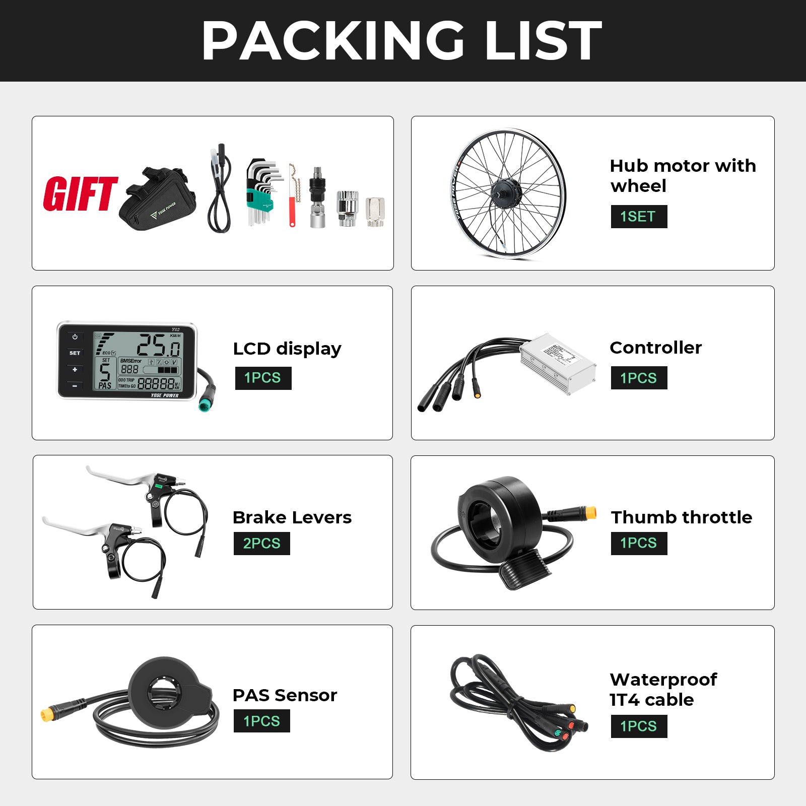 Packing list for an e-bike conversion kit, including 1 hub motor wheel, 1 LCD display, 1 controller, 2 brake levers, 1 thumb throttle, 1 PAS sensor, 1 waterproof 1T4 cable, and a free gift set of tools and a controller bag.