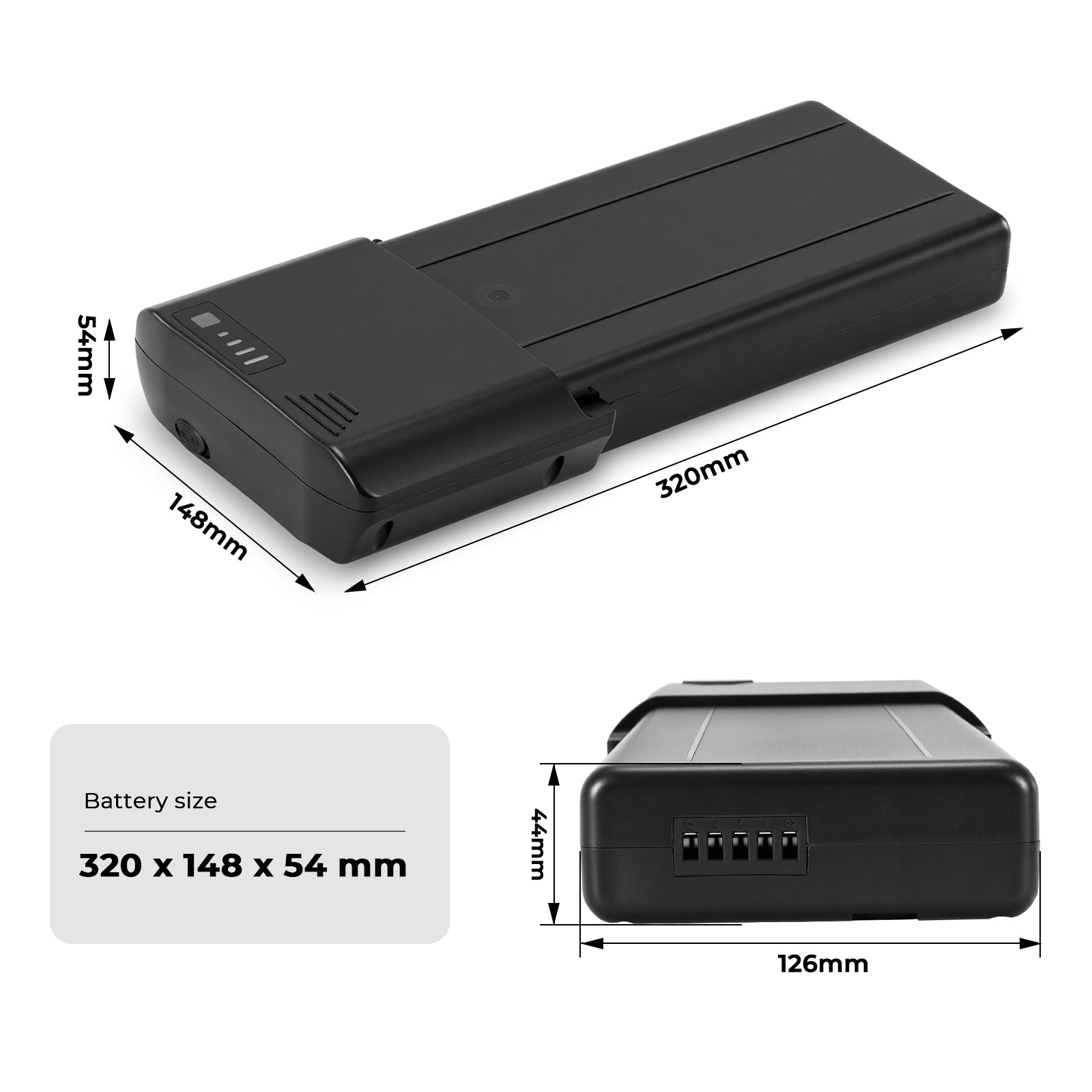 Dimensional diagram of the e-bike battery (Model: EBB-024807-RK4), showing dimensions 320mm×148mm×54mm