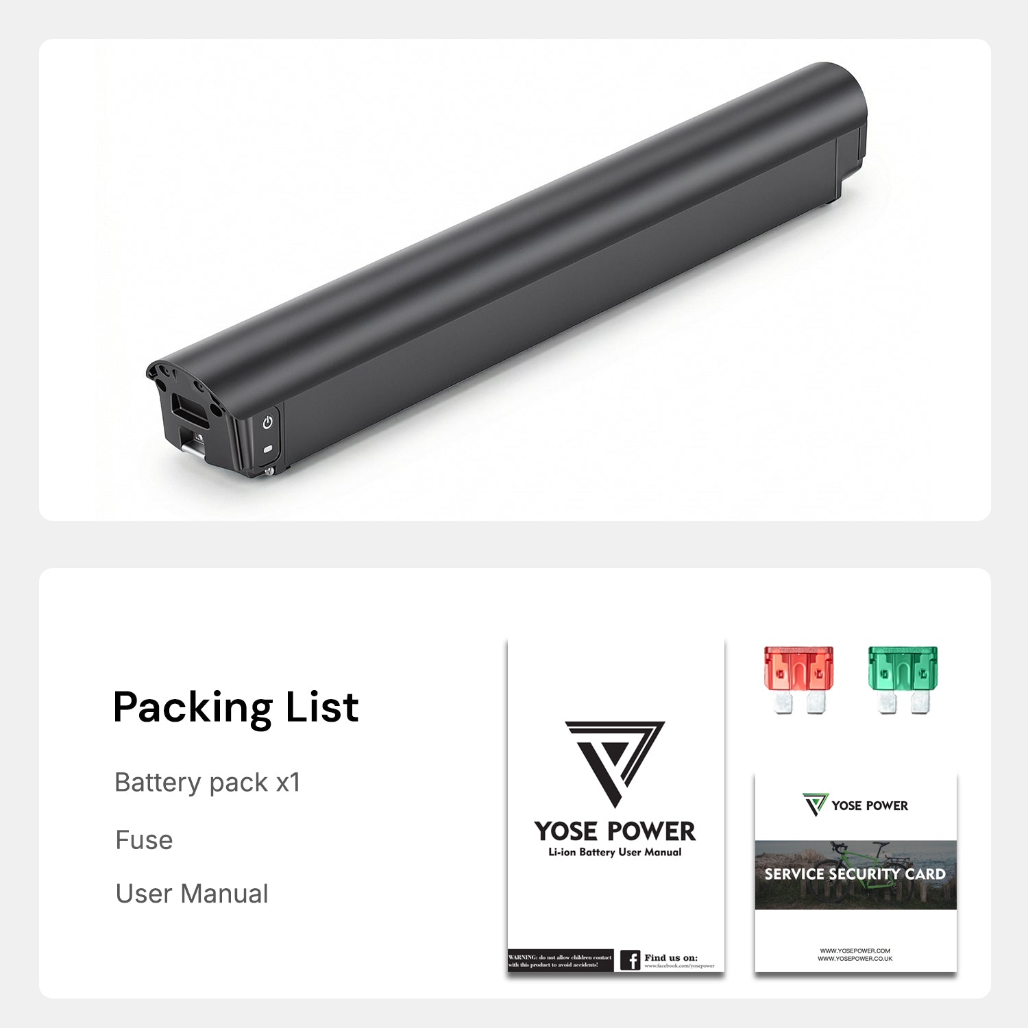 Packing list of the e-bike battery (Model: EBB-036100-JCXH), including the battery pack, fuse and user manual