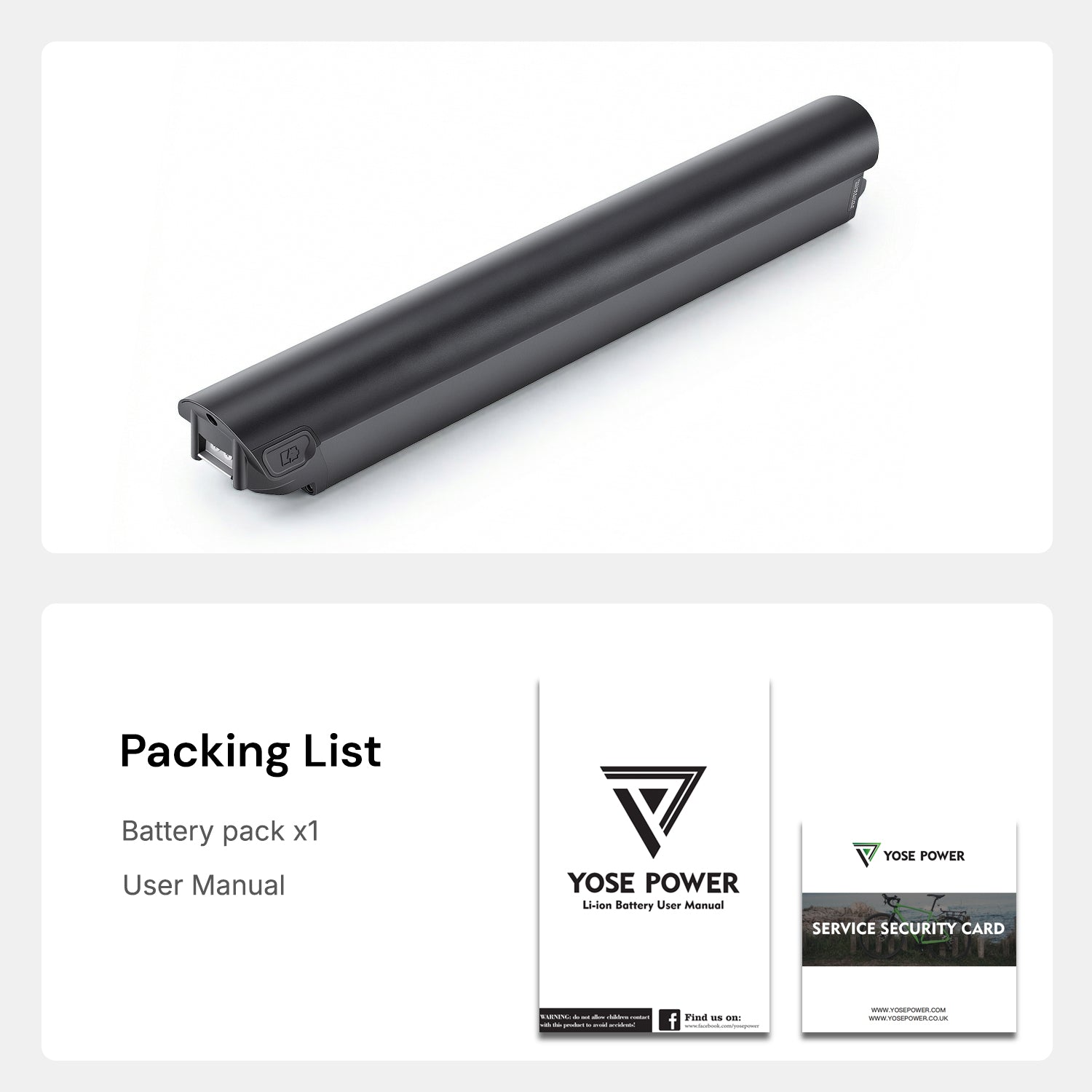 Packing list of the e-bike battery (Model: EBB-036100-JCBH), including the battery pack and user manual