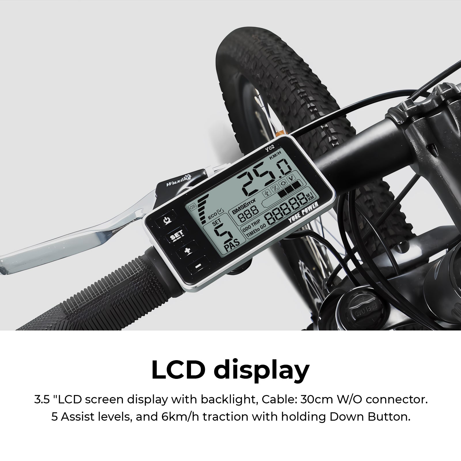 Detailed view of a 3.5" LCD display with backlight for electric bicycles, mounted on a handlebar. It provides real-time speed, battery status, and PAS, with 5 assist levels and a 6km/h traction mode activated by holding the down button.