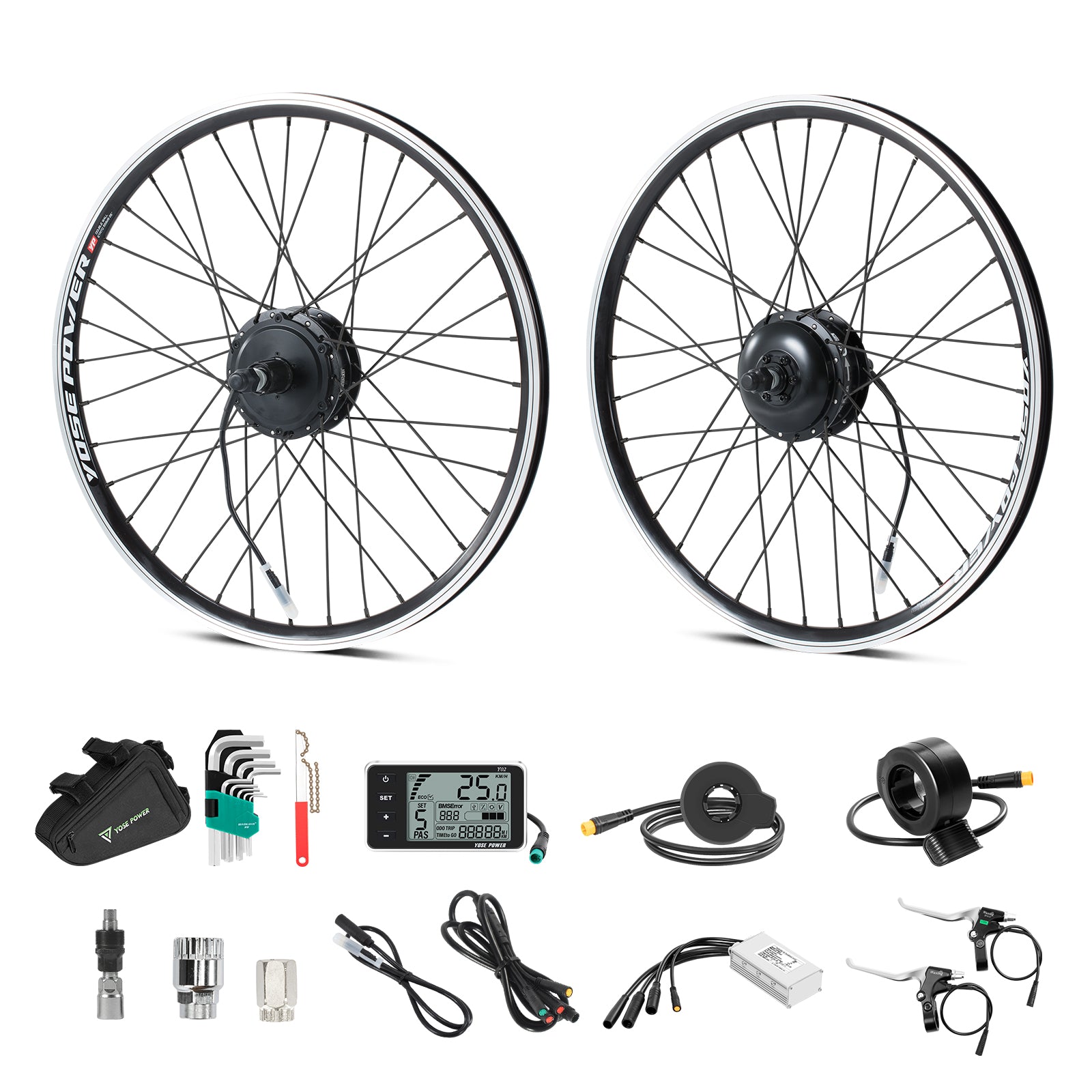 A set of components for an e-bike conversion, including hub motor wheel, controller, PAS sensor, brake levers, display, thumb throttle, cable, controller bag and installation tools