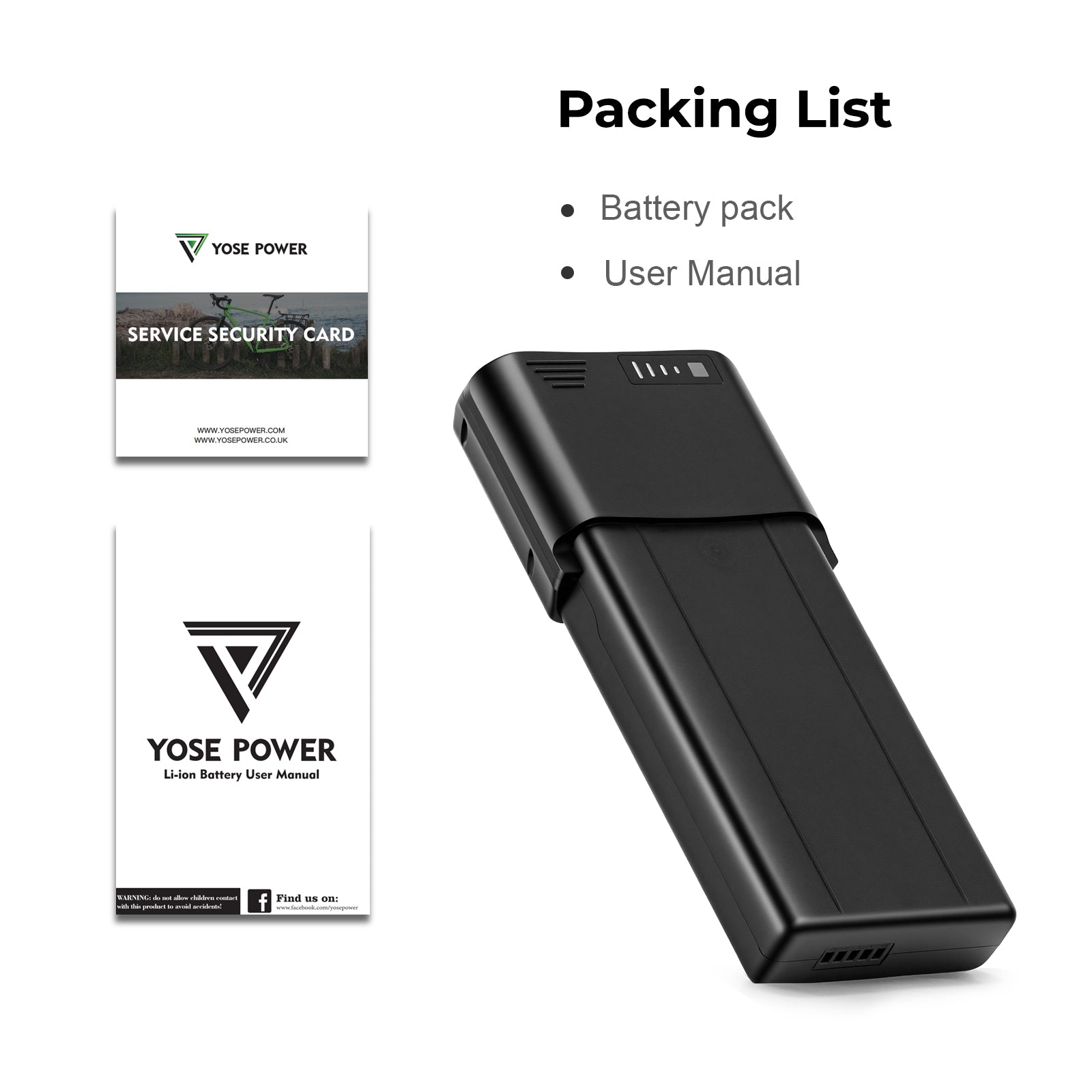 Packing list of the e-bike battery (Model: EBB-024807-RK4), including the battery pack and user manual