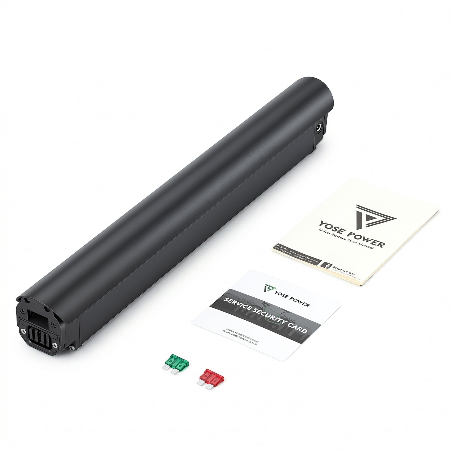 Packing list of the e-bike battery (Model: EBB-036100-JCXH), including the battery pack, fuse and user manual