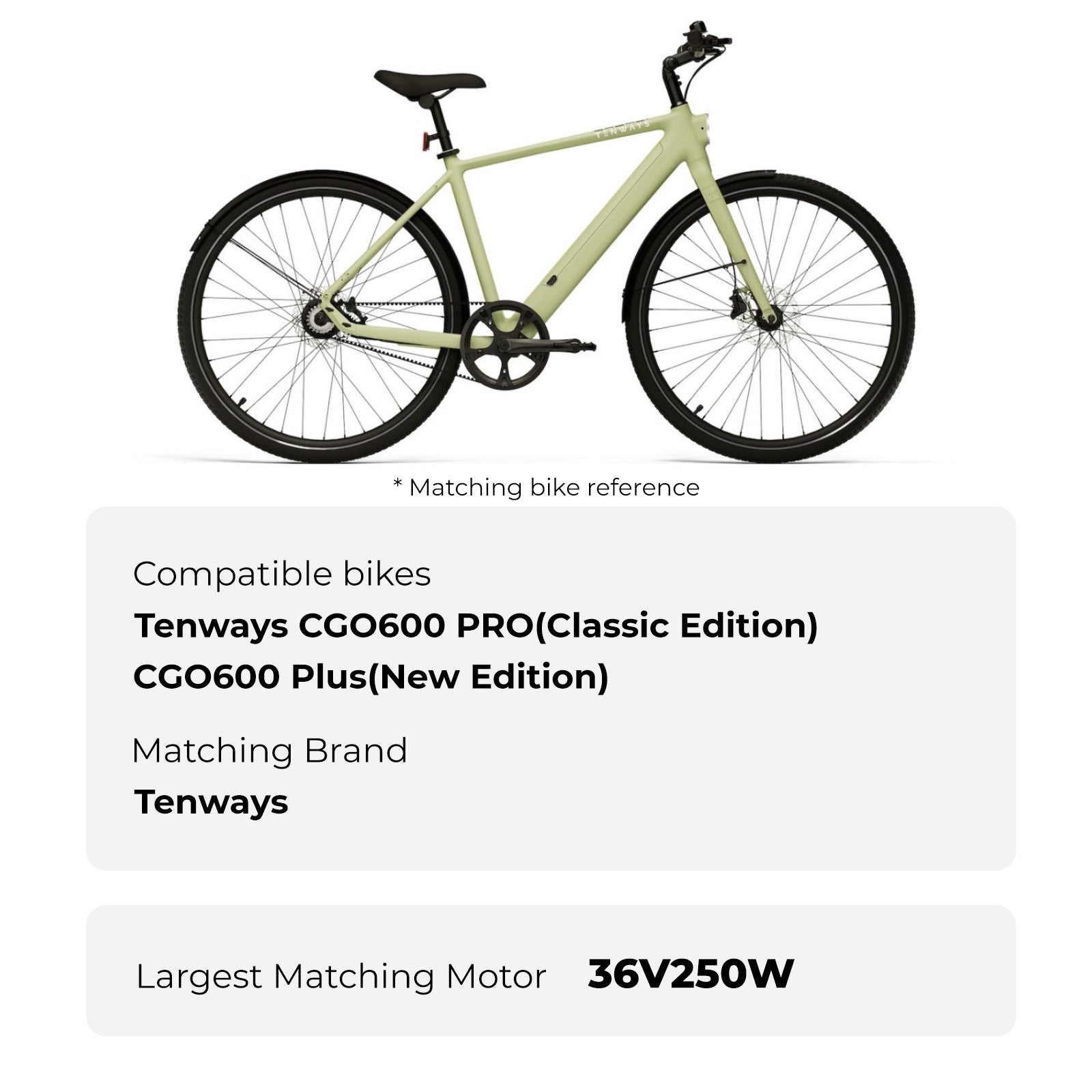 Compatible bikes of YOSE POWER e-bike battery (SKU: 21-201-00345-B): Tenways CGO600 PRO (Classic Edition) and CGO600 Plus (New Edition). Maximum compatible motor: 36V 250W.