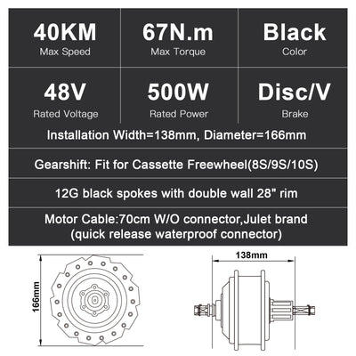 Detailed performance and engineering specs for an electric bicycle rear hub motor: 48V 500W rated power, 40km/h max speed, 67N.m max torque, Disc/V brake compatibility, 28" double-wall rim with 12G black spokes and compatibility with 8/9/10-speed cassette freewheel. Dimensional drawings and cable specifications are also included.
