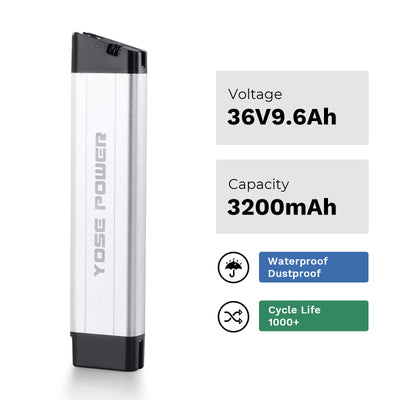 36V 9.6Ah e-bike battery(Model: EBB-036906-LR) with 3200mAh capacity, featuring 1000+ cycle life, waterproof, and dustproof