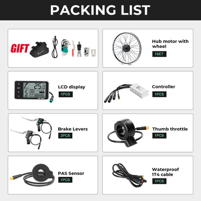 Packing list for an e-bike conversion kit, including 1 hub motor wheel, 1 LCD display, 1 controller, 2 brake levers, 1 thumb throttle, 1 PAS sensor, 1 waterproof 1T4 cable, and a free gift set of tools and a controller bag.