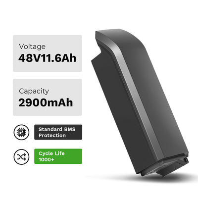 A black e-bike battery with key specs listed: 48V 11.6Ah voltage, 2900mAh capacity, Standard BMS protection, and 1000+ cycle life.