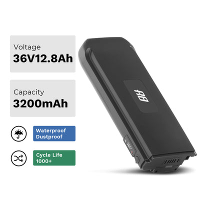 Key specs of e-bike battery(Model: EBB-036128-R8) listed: 36V 12.8Ah voltage, 3200mAh capacity, waterproof/dustproof rating, and 1000+ cycle life.