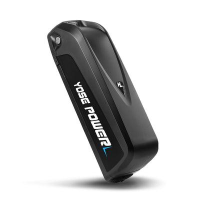 A black YOSE POWER e-bike battery with the brand name visible.
