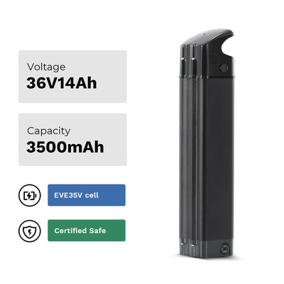 36V 14Ah e-bike battery with 3500mAh capacity, featuring EVE35V cells and certified safety.