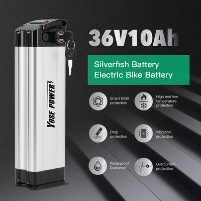 YOSE POWER 36V 10Ah Silverfish e-bike battery, featuring smart BMS, temp/drop/vibration/waterproof/dustproof/overcurrent protection.