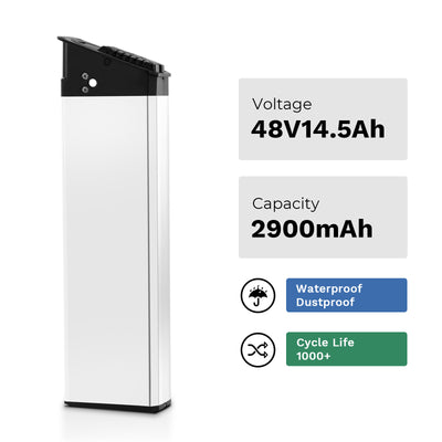 Key specs of YOSE POWER e-bike battery model EBB-048145-009(345) listed: 48V 14.5Ah voltage, 2900mAh capacity, waterproof/dustproof rating, and 1000+ cycle life.