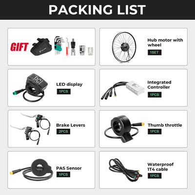 Packing list for an e-bike conversion kit, including 1 hub motor wheel, 1 LED display, 1 integrated controller, 2 brake levers, 1 thumb throttle, 1 PAS sensor, 1 waterproof 1T4 cable, and a free gift set of tools and a controller bag.