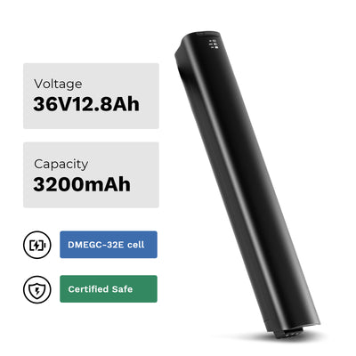 36V 12.8Ah e-bike battery with 3200mAh capacity, featuring DMEGC-32E cells and certified safety.
