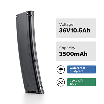 Key specs of e-bike battery(Model: EBB-036105-BY) listed: 36V 10.5Ah voltage, 3500mAh capacity, waterproof/dustproof rating, and 1000+ cycle life.