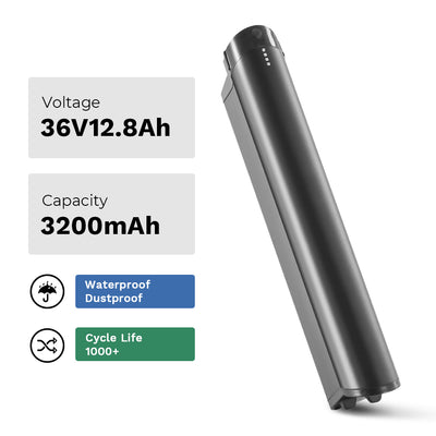 Key specs of YOSE POWER e-bike battery listed: 36V 12.8Ah voltage, 3200mAh capacity, waterproof/dustproof rating, and 1000+ cycle life.