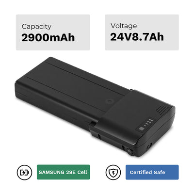 24V 8.7Ah e-bike battery with 2900mAh capacity, featuring Samsung 29E cells and certified safety.