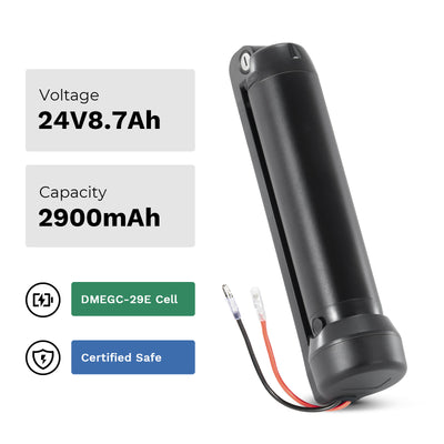 24V 8.7Ah e-bike battery with 2900mAh capacity, featuring DMEGC-29E cells and certified safety.