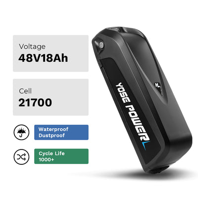 Key specs of YOSE POWER Hailong G80 e-bike battery listed: 48V 18Ah voltage, 21700 cells, waterproof/dustproof rating, and 1000+ cycle life.