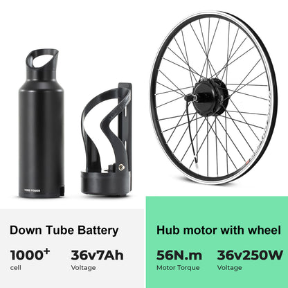 E-Bike Conversion Kit 36V250W 26"/28" Rear Cassette Motor Kit with 36V Bottle Battery Samsung Cell and Integrated Torque PAS Sensor Model A3pro