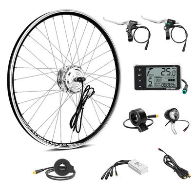 A set of components for an e-bike conversion, including a hub motor wheel, controller,  PAS sensor, brake levers, LCD display, thumb throttle, cable and front light.