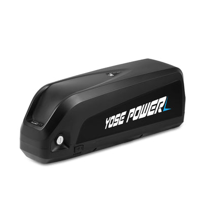 A black YOSE POWER e-bike battery with the brand name visible.