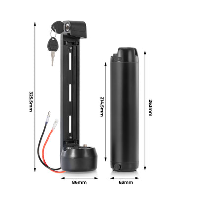 Dimensional diagram of the e-bike battery and its mounting bracket: battery 263mm  × 214.5mm × 63mm; bracket 325.5mm × 86mm.