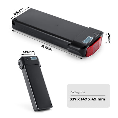 Dimensional diagram of the e-bike battery(Model: EBB-036128-HT1), showing dimensions 337mm×147mm×49mm