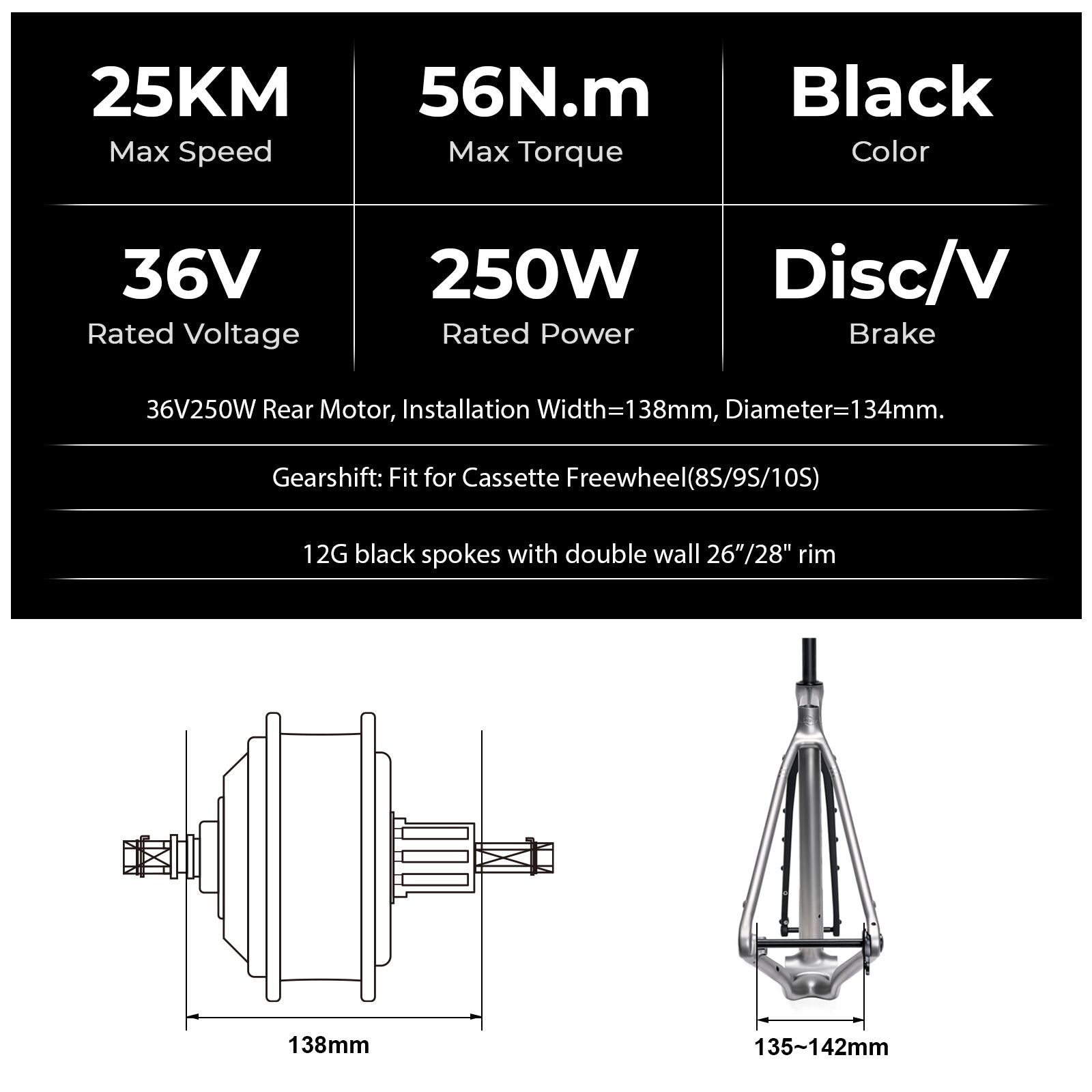 E-Bike Conversion Kit 36V250W 26"/28" Rear Cassette Motor Kit with 36V Bottle Battery Samsung Cell and Integrated Torque PAS Sensor Model A3pro