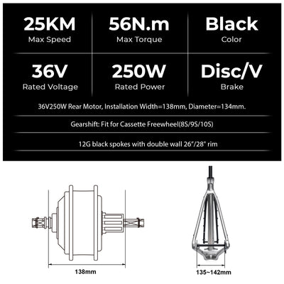 Detailed performance and engineering specs for an electric bicycle rear hub motor: 36V 250W rated power, 25km/h max speed, 56N.m max torque, Disc/V brake compatibility, 26"/28" double-wall rim with 12G black spokes and compatibility with 8/9/10-speed cassette freewheel. Dimensional drawings and cable specifications are also included.