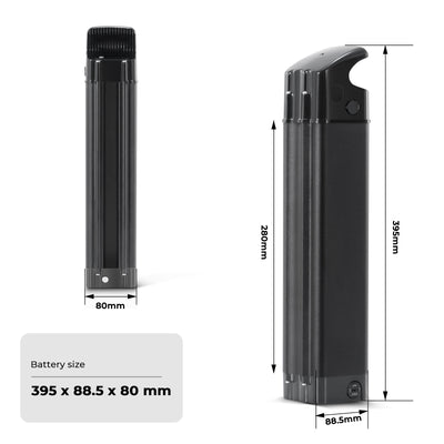 Dimensional diagram of the e-bike battery, showing dimensions 395mm×88.5mm×80mm