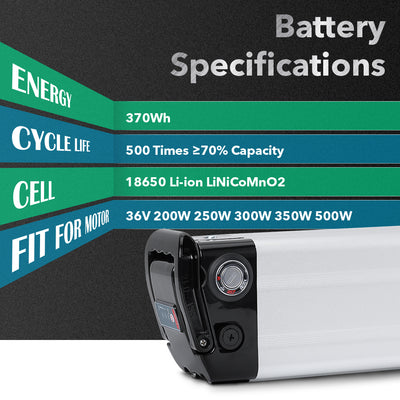 E-Bike Battery specifications: 370Wh energy, 500+ cycles (≥70% capacity), 18650 Li-ion (LiNiCoMnO2) cells, compatible with 36V 200W–500W motors.