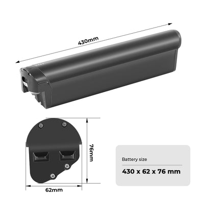 Dimensional diagram of the e-bike battery, showing dimensions 430mm×62mm×76mm