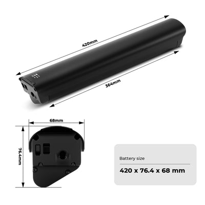 Dimensional diagram of the e-bike battery, showing dimensions 420mm×76.4mm×68mm