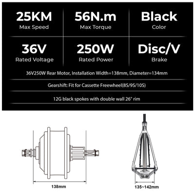 Detailed performance and engineering specs for an electric bicycle rear hub motor: 36V 250W rated power, 25km/h max speed, 56N.m max torque, Disc/V brake compatibility, 26" double-wall rim with 12G black spokes and compatibility with 8/9/10-speed cassette freewheel. Dimensional drawings and cable specifications are also included.