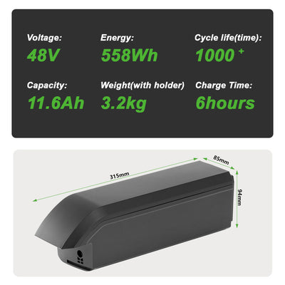 Two-panel infographic for an e-bike battery(Model EBB-048116-SF06S): top panel lists key specs (48V, 11.6Ah capacity, 558Wh energy, 3.2kg weight with holder, 6 hours charge time, 1000+ cycle life), bottom panel shows the black battery with dimensions (315mm × 85mm × 94mm).