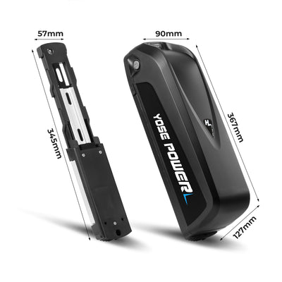 Dimensional diagram of YOSE POWER e-bike battery and mounting rail: battery 367mm × 90mm × 127mm; rail 345mm × 57mm