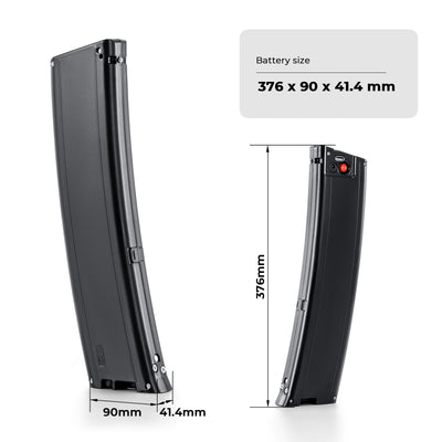 Dimensional diagram of the e-bike battery(Model: EBB-036105-BY), showing dimensions 376mm×90mm×41.4mm