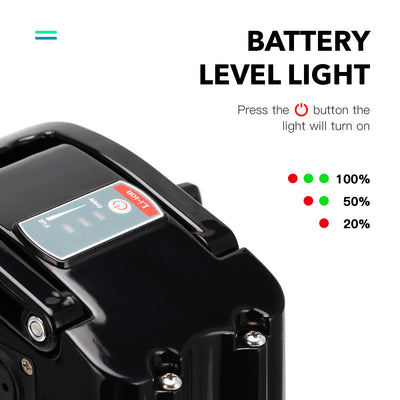 E-bike battery level light indicator: Press the power button to activate; red/green LEDs show 20% (1 red), 50% (1 red + 1 green), 100% (1 red + 2 green) charge.