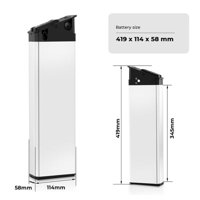 Product size infographic for e-bike battery model EBB-048145-009(345): labeled dimensions (419mm×114mm×58mm) and key height measurements