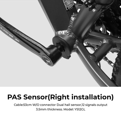 Product close-up of a PAS sensor (Model: YS12GL), highlighting its right-side installation, dual hall sensor and 12 signals output. Specs include a 53cm cable and 3.5mm thickness.