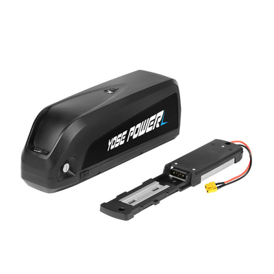 A black YOSE POWER e-bike battery with a brand name visible and a battery holder with integrated controller