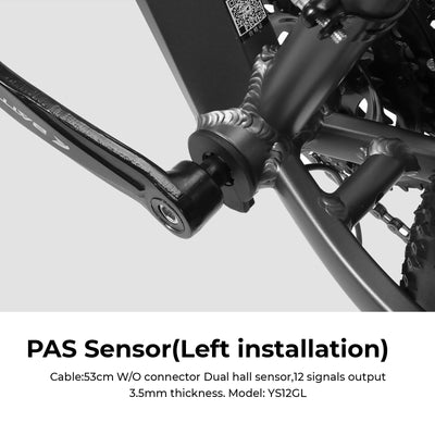 Product close-up of a PAS sensor (Model: YS12GL), highlighting its left-side installation, dual hall sensor and 12 signals output. Specs include a 53cm cable and 3.5mm thickness.