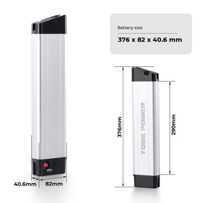 Dimensional diagram of the e-bike battery(Model: EBB-036906-LR), showing dimensions 376mm×82mm×40.6mm
