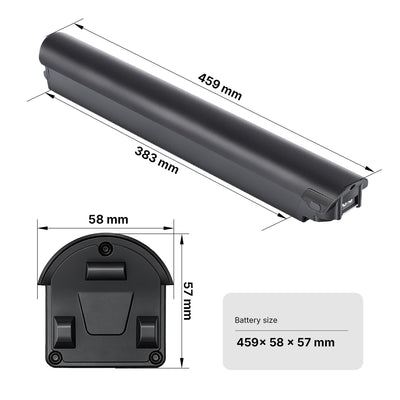 Dimensional diagram of the e-bike battery, showing dimensions 459mm×58mm×57mm