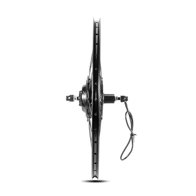 Side profile of a black e-bike hub motor wheel