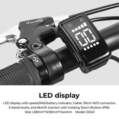 Detailed view of a IP65-rated LED display (Model DZ40) for electric bicycles, mounted on a handlebar. It provides real-time speed, battery status, and PAS, with 5 assist levels and a 6km/h traction mode activated by holding the down button. Includes cable and dimension specifications.