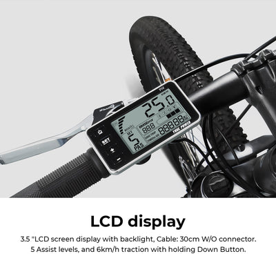 Detailed view of a 3.5" LCD display with backlight for electric bicycles, mounted on a handlebar. It provides real-time speed, battery status, and PAS, with 5 assist levels and a 6km/h traction mode activated by holding the down button. 